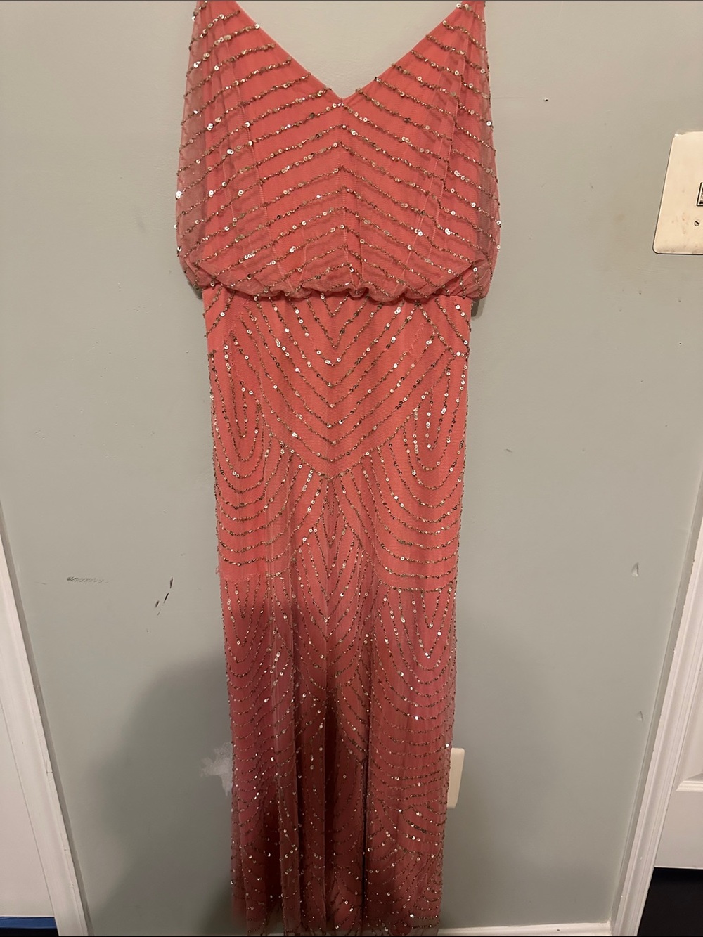 Adrianna Papell Coral Beaded V-Neck Maxi Dress